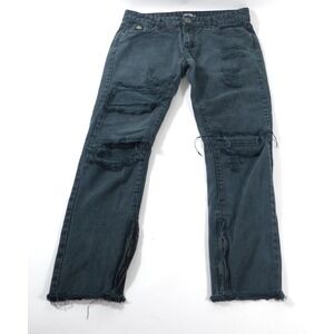 Uncle‎ Ralph Jeans Mens 32 Black Distressed Denim Zipper Ankle Frayed Raw Hem